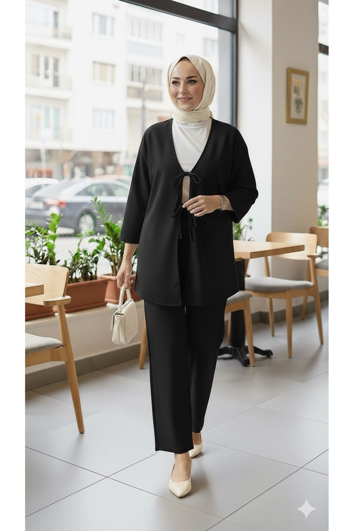 Tesettür İkili Takım Önden Bağlamalı Kimona Ceket ve Bol Paça Pantolon Günlük Şık Yeni Sezon