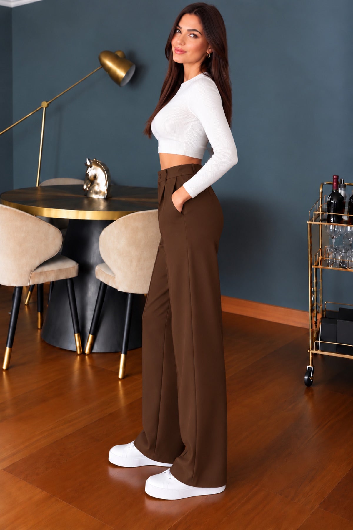 Kadın Scuba Krep Önü Pileli Yüksek Bel Palazzo Pantolon – Kahverengi